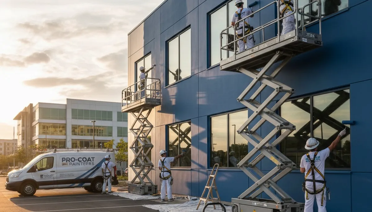 Professional commercial painters finishing business exterior in Savannah, GA