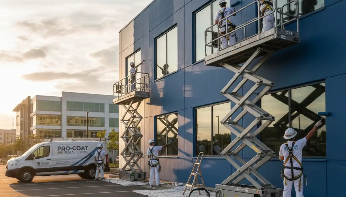 Professional commercial painters finishing business exterior in Savannah, GA