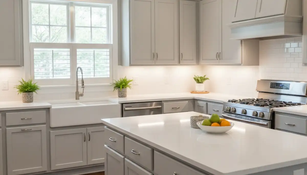 Refinished kitchen cabinets with smooth, durable paint finish by house painters in Savannah, GA