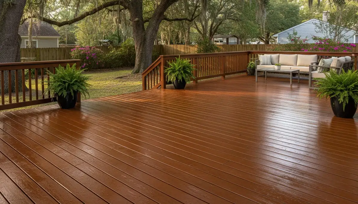 Finished deck staining in Savannah, GA showcasing rich wood color and weather-protected outdoor surface