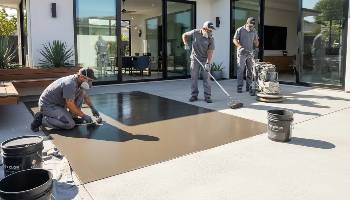 Professional concrete staining on residential patio in Savannah, GA by local house painting experts