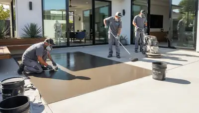 Professional concrete staining on residential patio in Savannah, GA by local house painting experts