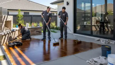 Professional concrete staining on residential patio in Savannah, GA by local house painting experts