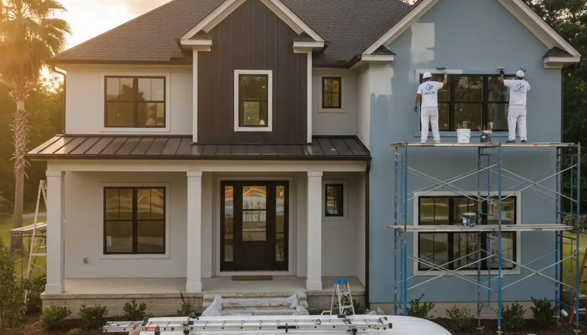 Professional house painters finishing exterior home painting in Savannah, GA