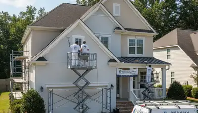Professional house painting service in Savannah, GA with painters preparing a home exterior