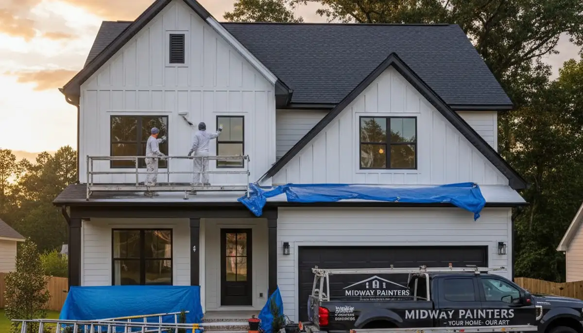 House painters in Savannah, GA painting a home exterior for professional residential painting service