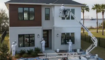 House painters in Savannah, GA painting a home exterior for professional residential service