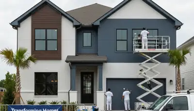 Professional house painters in Savannah, GA applying exterior paint on a home
