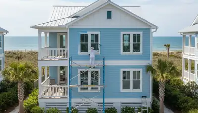 House painters in Savannah, GA painting a home exterior for residential painting service