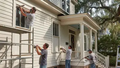 Painter sanding and priming exterior siding during surface preparation in Savannah, GA homes