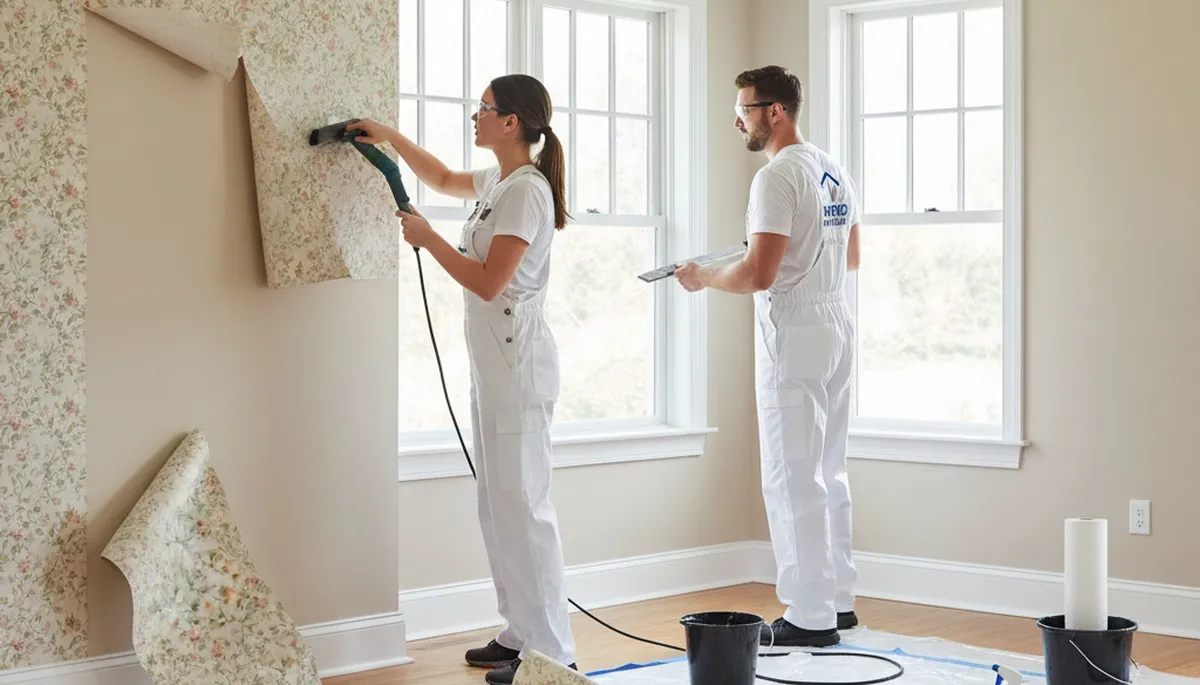 Painter removing old wallpaper in Savannah GA home during professional wallpaper stripping service