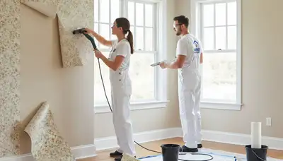 Painter removing old wallpaper in Savannah GA home during professional wallpaper stripping service